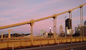 Pittsburgh skyline at sunset from the Roberto Clemente (aka Sixth Street) bridge.